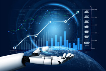 A robotic hand showcases a dynamic data visualization, featuring graphs and charts, symbolizing advancements in technology and analytics for global business insights. Scalp