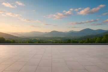 Serene elevated terrace offering a magnificent panoramic view of lush green mountains under a golden sunrise sky