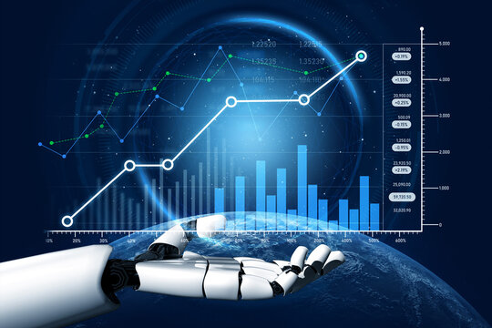 A robotic hand showcases a dynamic data visualization, featuring graphs and charts, symbolizing advancements in technology and analytics for global business insights. Scalp - Powered by Adobe
