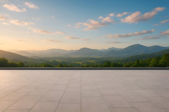 Serene elevated terrace offering a magnificent panoramic view of lush green mountains under a golden sunrise sky