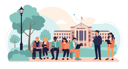 Obraz premium Group of diverse college students sitting on a park bench and studying together in front of a stately brick university building on campus.