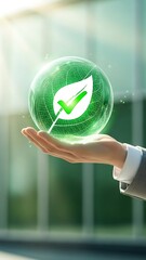 A hand gently holds a glowing orb containing a green leaf and checkmark symbolizing sustainability and approval