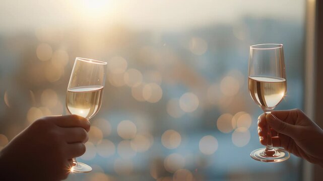 Two people clinking white wine glasses by a window with soft evening light creating a calm romantic celebration moment