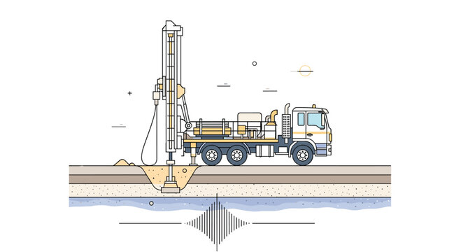 Specialized drilling rig truck performs geotechnical surveys and ground sampling at a construction site with seismic wave visualization.