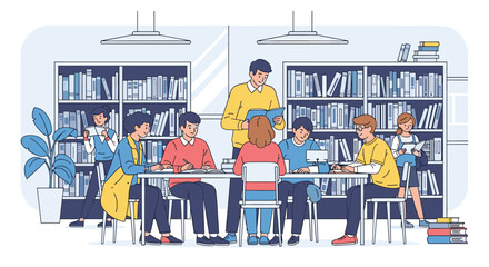 Group of diverse students and a teacher working together and studying books in a modern library with many bookshelves.