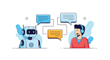 Futuristic interaction between a white artificial intelligence robot and a male customer service representative wearing a headset.