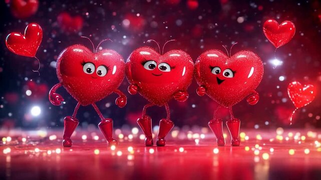 An AI-generated video of a happy red heart dancing, with the whole group celebrating together, surrounded by sparkling hearts and festive magic.