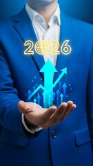 A businessman presenting a glowing upward trend with the year 2026 symbolizing growth and future success