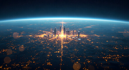 A stunning nighttime view of a city from space with a glowing horizon