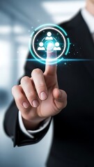 A person interacting with a futuristic holographic interface displaying a network of people icons