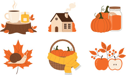 Cozy autumn vector set featuring pumpkins in a basket with a scarf coffee on a tree stump a snail on a maple leaf and fall harvest icons. © Aminul