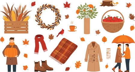Autumn harvest vector set featuring a man with a pumpkin cozy couple under an umbrella fall foliage wreath and seasonal clothing icons.