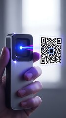 Handheld device scanning a qr code with a bright blue light projection