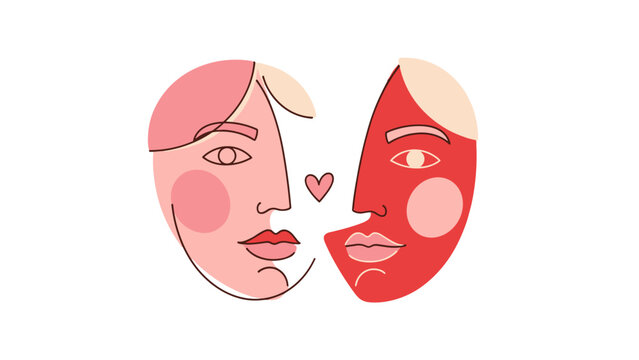 Abstract of two faces with heart symbol in minimalist style