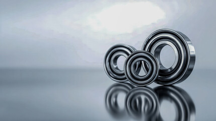 Set of three shiny metallic ball bearings with detailed reflections isolated on glossy surface against gradient background for industrial concept