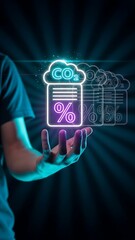 A hand presenting a glowing digital display of co2 emissions with data visualization