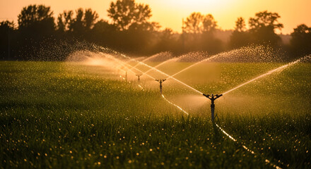 Lawn irrigation system at sunset