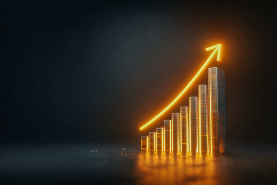 Glowing futuristic 3d bar chart with ascending arrow symbolizing business growth and financial success against dark background with reflection on surface - Powered by Adobe