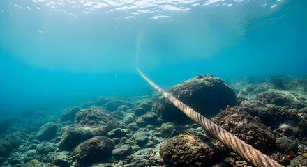 Underwater scene with a rope on a rocky ocean floor