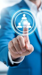 A business professional interacts with a digital interface representing people and connection