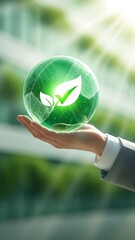 A hand gently holds a glowing green orb containing a leaf and checkmark symbol