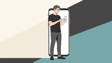 Fototapeta premium Young man standing inside a giant smartphone screen while using his phone in a minimalistic setting