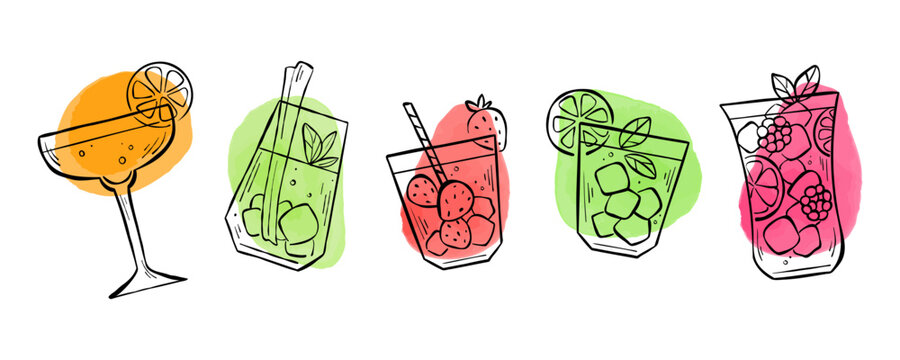 Collection of hand-drawn line sketches with different types of mocktails isolated on white background. Illustration set of party drinks with for logo, sticker, menu, or web banner.