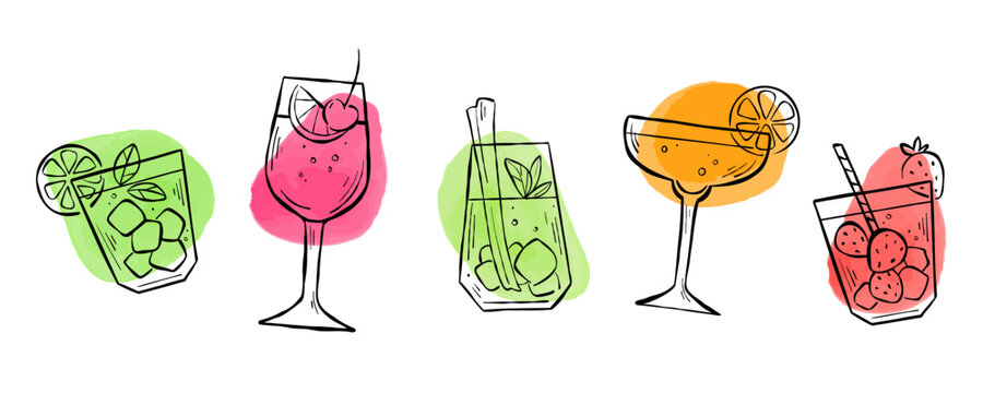 Set of different mocktails in sketch style with watercolor spots on background. Vector line illustrations of party drinks with fruits, straw and ice for logo, menu, web banner, or print.