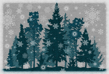 Pine trees in winter snowfall is seen in a digital watercolor illustration.