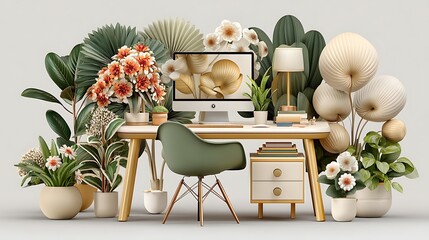 Stylish workspace interior design botanical aesthetic high resolution image