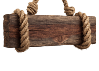 Weathered Wooden Plank Sign with Thick Nautical Rope Ties and Knots isolated on a transparent background