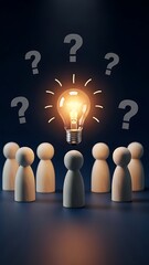 A glowing light bulb surrounded by question marks and wooden figures in darkness