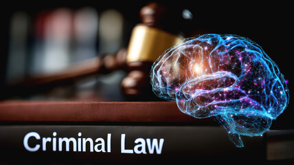 Obraz premium Scales of Justice Symbol with Criminal Law Book and Glowing AI Neural Brain Representing Liability for Violations of Human Rights by AI