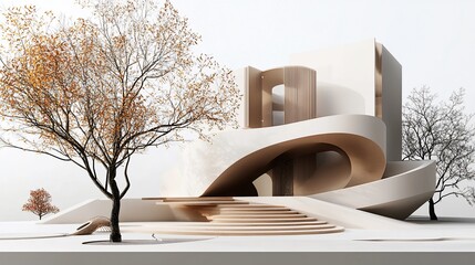 Modern Architecture with Autumnal Trees and Sculptural Elements in Minimalist Style.