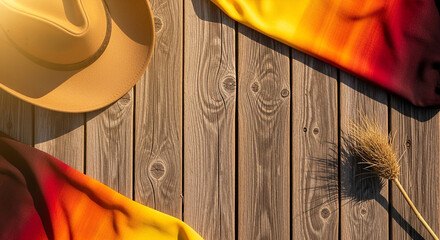 Flat lay of hat, small tumbleweed, and sunset-colored bandana on rustic wooden surface, western style and cowboy theme