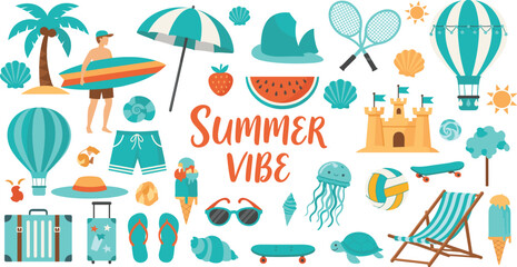 Summer Vibe vector set featuring surfer beach umbrella hot air balloon sandcastle sea creatures and vacation travel icons in teal and orange. © Aminul