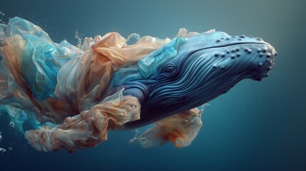 A whale is swimming in the ocean with a plastic bag wrapped around its head