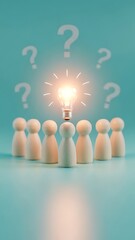 A bright idea emerges amidst uncertainty represented by people and question marks