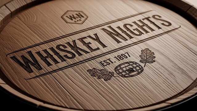 Whiskey barrel with engraved logo.