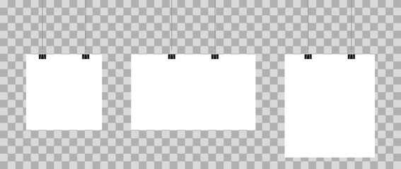 White Hanging Paper Icon Set. Blank Retail Tag and Signage Symbols. Empty Price Tag. Blank Sales Banner, Discount Label, and Clearance Tag Symbol Collection. Hanging Poster