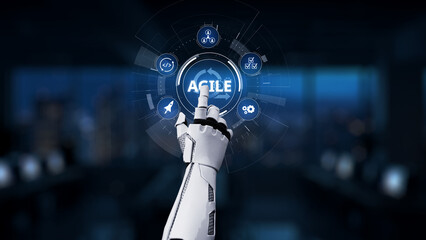 A modern robotic hand reaches out to touch a digital interface displaying the agile concept, highlighting innovation and technology in a business context. Synapse