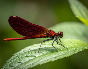 Vibrant red dragonfly on green leaf