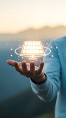 A hand gently presenting a glowing solar panel icon against a blurred landscape