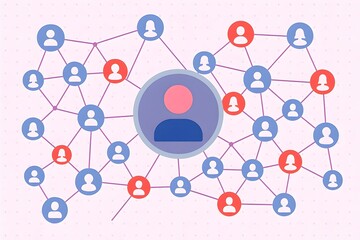 User icons connect to a central figure, illustrating a network of interactions in a digital environment with lines radiating outward