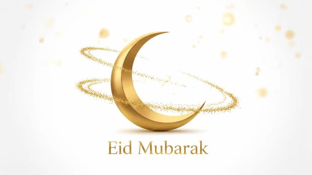 A golden crescent moon with sparkling trails on a white background, featuring "Eid Mubarak" text.