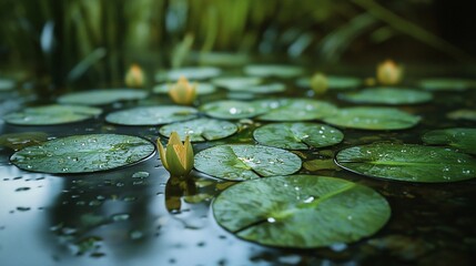 Serene Water Lily Pond Budding Bloom DewKissed Pads Tranquil Reflection.