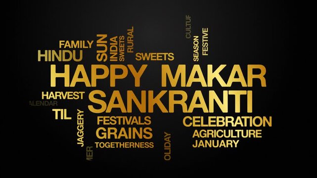 Happy Makar Sankranti concept Animated Tag Word Cloud kinetic typography, Text Design Animation typography seamless loop video motion graphics Intro Wordart text reveal loop gold golden type on black 