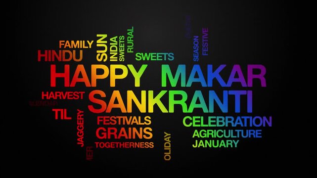 Happy Makar Sankranti concept Animated Tag Word Cloud kinetic typography, Text Design Animation typography seamless loop video motion graphics Intro Wordart text reveal loop rainbow type on black bg