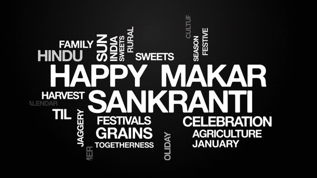 Happy Makar Sankranti concept Animated Tag Word Cloud kinetic typography, Text Design Animation typography seamless loop video motion graphics Intro Wordart text reveal loop white type on black bg