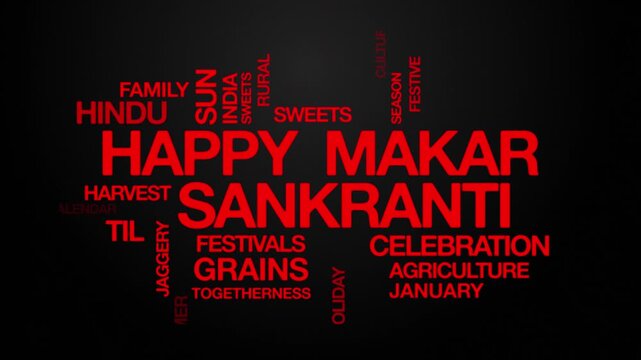 Happy Makar Sankranti concept Animated Tag Word Cloud kinetic typography, Text Design Animation typography seamless loop video motion graphics Intro Wordart text reveal loop red type on black bg